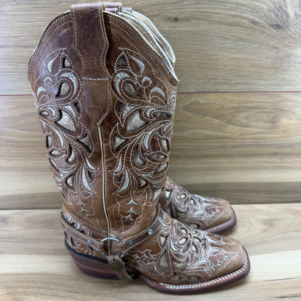 Cowgirl Western Boots Womens 5 Gold Inlay Studded Harness Square Toe Rodeo